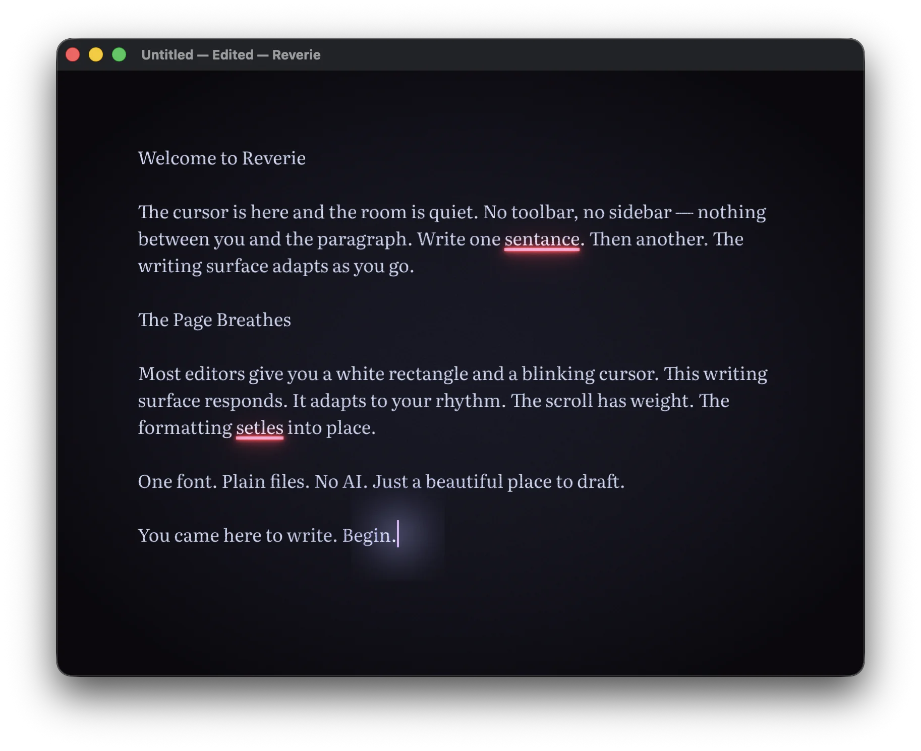 Reverie's writing surface - a warm, dark page with a glowing cursor